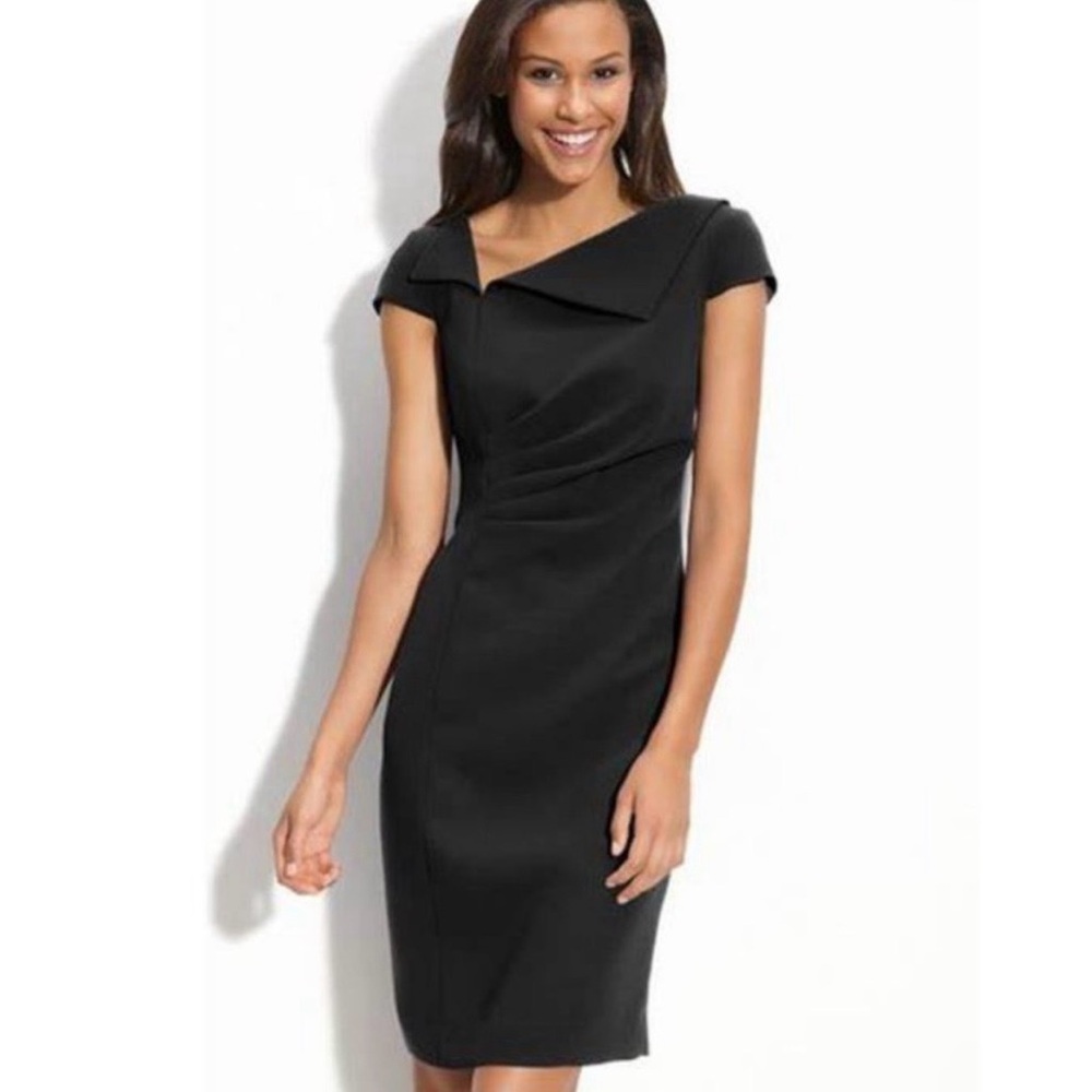 TAHARI Arthur S. Levine black knee length  sheath dress side rouched waist